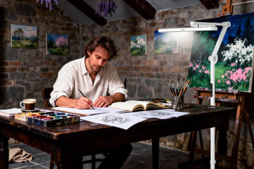 Honeywell SmartLighting floor lamp with adjustable dual joints illuminating painter's workspace showing CRI 97 color accuracy comparison