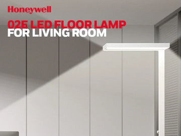 Honeywell 02E 60W floor lamp showing 100 lm/W efficiency rating