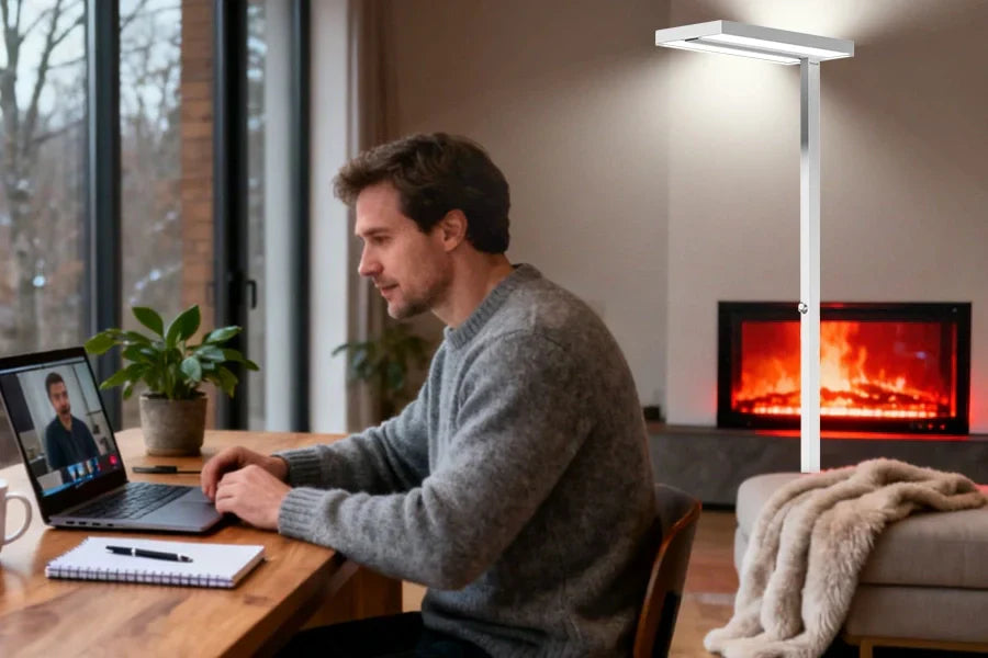 Cozy reading corner with Honeywell 02E floor lamp providing flicker-free full spectrum lighting for comfortable reading