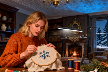 Adjustable desk lamp providing focused illumination for detailed holiday ornament painting and miniature craft work