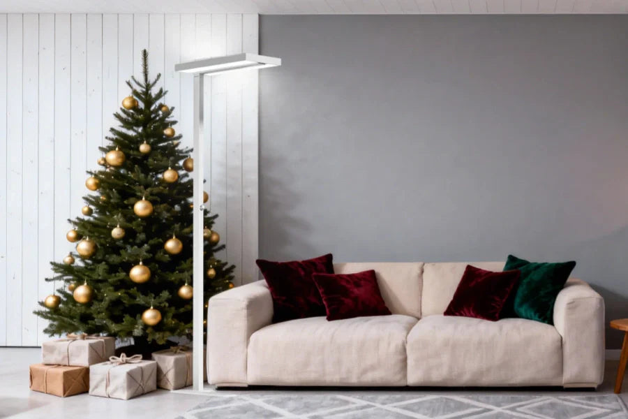 Proper distance between Christmas tree and floor lamp showing fire safety clearance recommendations