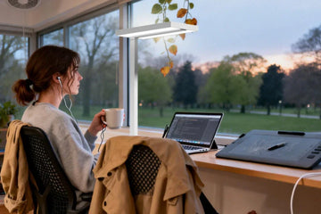 Sunturalux full-spectrum LED floor lamp providing natural daylight quality for reading and focus