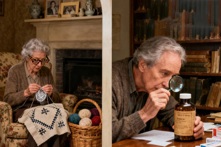 Older adults enjoying evening activities under glare-free ambient lighting in home