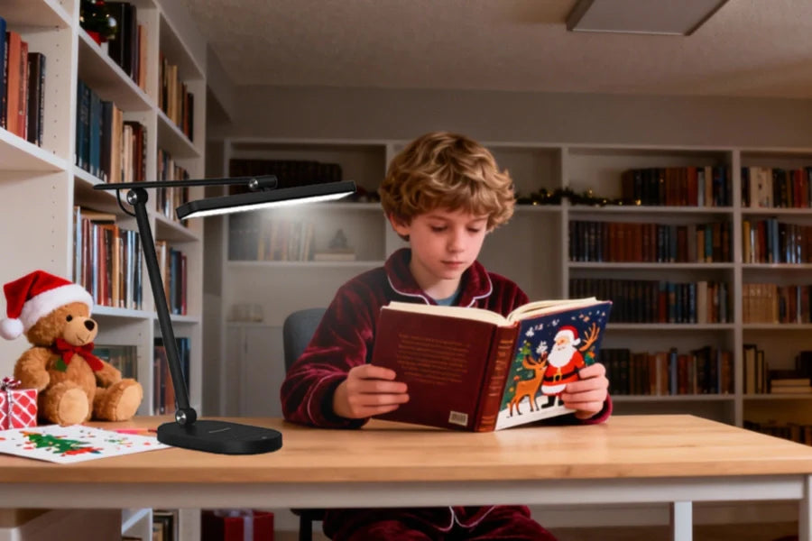 Honeywell H4 desk lamp providing eye-safe lighting in decorated children's study room