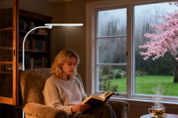 Floor reading lamp positioned beside comfortable chair for optimal lighting
