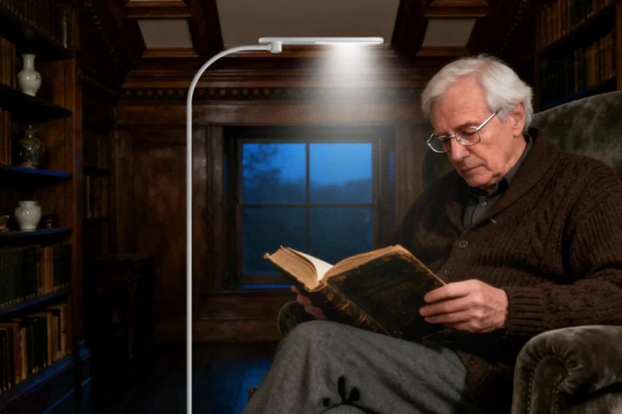 Honeywell F4 floor lamp illuminating living room with healthy full-spectrum lighting for Thanksgiving