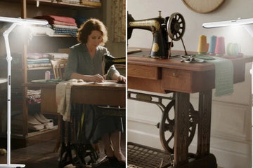 Best floor lamp positioned beside sewing machine in well-organized craft room