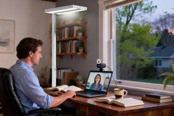 Balanced indoor lighting setup combining natural daylight and artificial lamp in spring home office