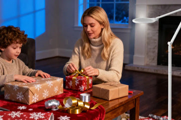 Adjustable height floor lamp illuminating gift-wrapping station with rotatable directional head