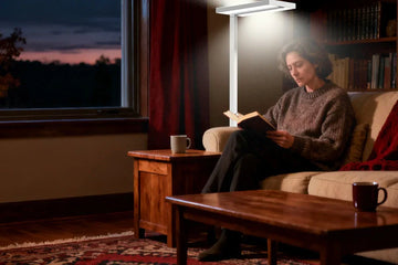 Honeywell 02E floor lamp illuminating cozy autumn living room with layered lighting design