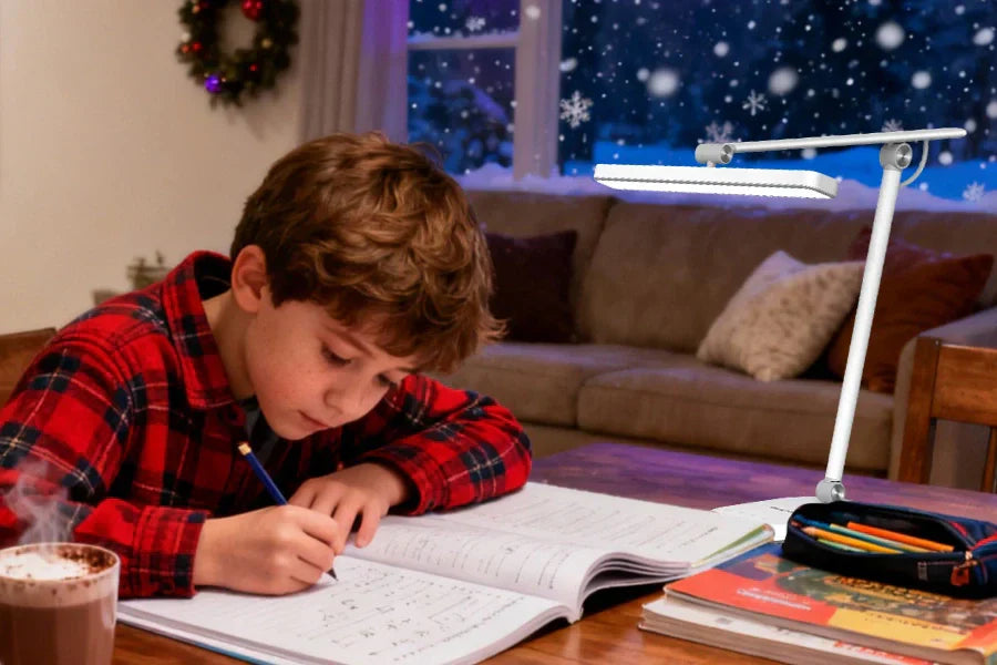 Top-view diagram showing optimal desk lamp placement distances for children's homework area