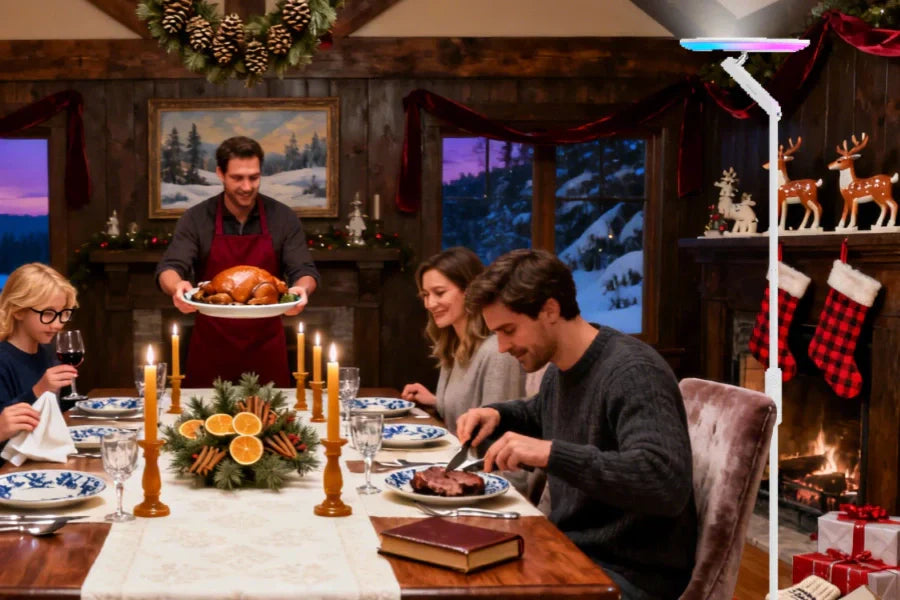 Christmas tree with coordinated room lighting creating festive holiday ambiance