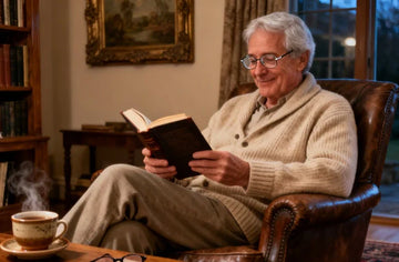 Senior woman reading comfortably with Honeywell 02E eye care floor lamp