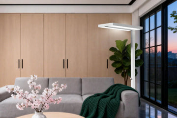 Coordinated minimalist apartment design with floor lamp and neutral color palette