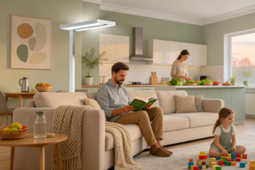 Multi-generational family in living room with balanced illumination for all ages