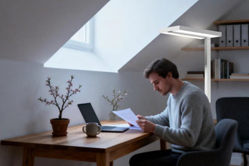 Balanced combination of natural window light and artificial floor lamp in contemporary workspace