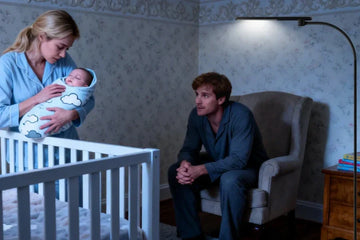 Honeywell F4 flexible neck floor lamp positioned beside nursing chair in modern spring nursery