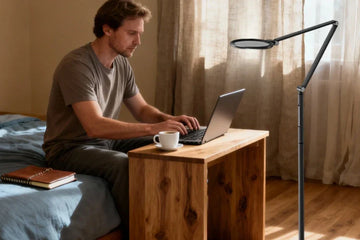 Height-adjustable floor lamp demonstrating flexible positioning for various couch and armchair work postures