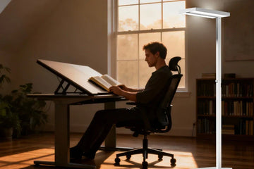 Proper floor lamp placement diagram for ergonomic reading posture and reduced neck strain