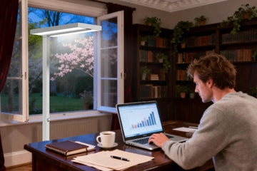 Professional home office setup with proper task lighting reducing eye strain