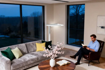 Sunturalux technology floor lamp replicating Greenwich 10AM natural light for stable indoor illumination
