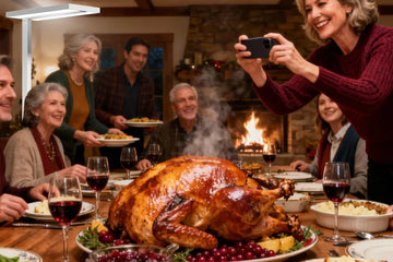 Adjustable floor lamp providing task lighting for Thanksgiving dinner table setting