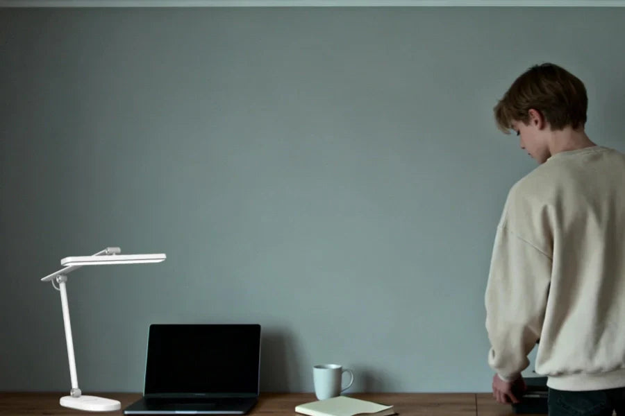 Modern teen bedroom study desk setup with smart LED lighting