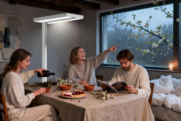 Warm ambient lighting in family living room during spring evening social gathering