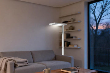 Minimalist floor lamp in sustainable modern living room with natural lighting design