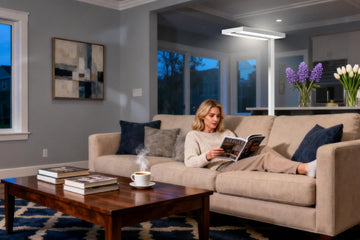 Sustainable lighting setup with Honeywell 02E floor lamp replacing multiple light sources in a modern home