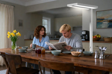 Sustainable lighting investment showing quality floor lamp in spring decorated home interior with natural elements