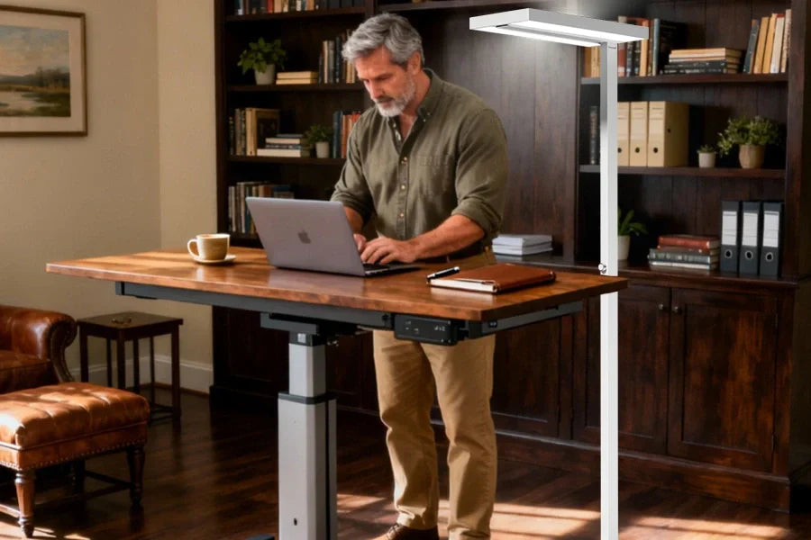 Diagram showing optimal task floor lamp placement angle for reading without shadows