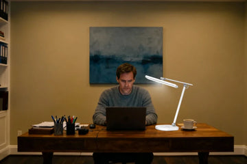 Modern home office setup with eye-caring desk lamp for remote work productivity