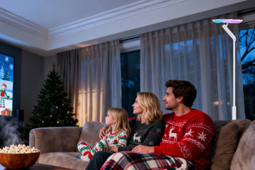 Dimmed warm lighting setup for quiet family Christmas evening with smart floor and ambient lamps
