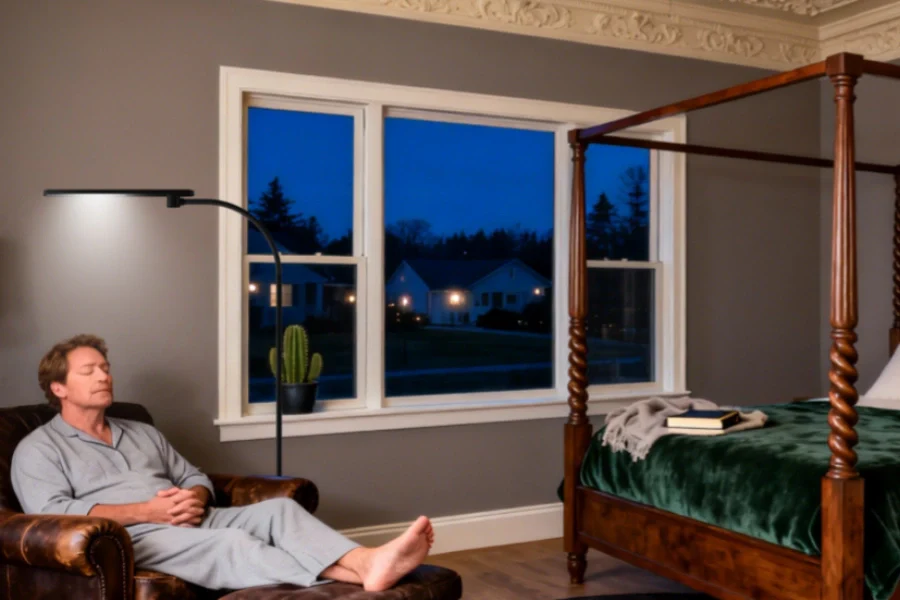 Modern LED floor lamp providing energy-efficient ambient lighting in contemporary home interior