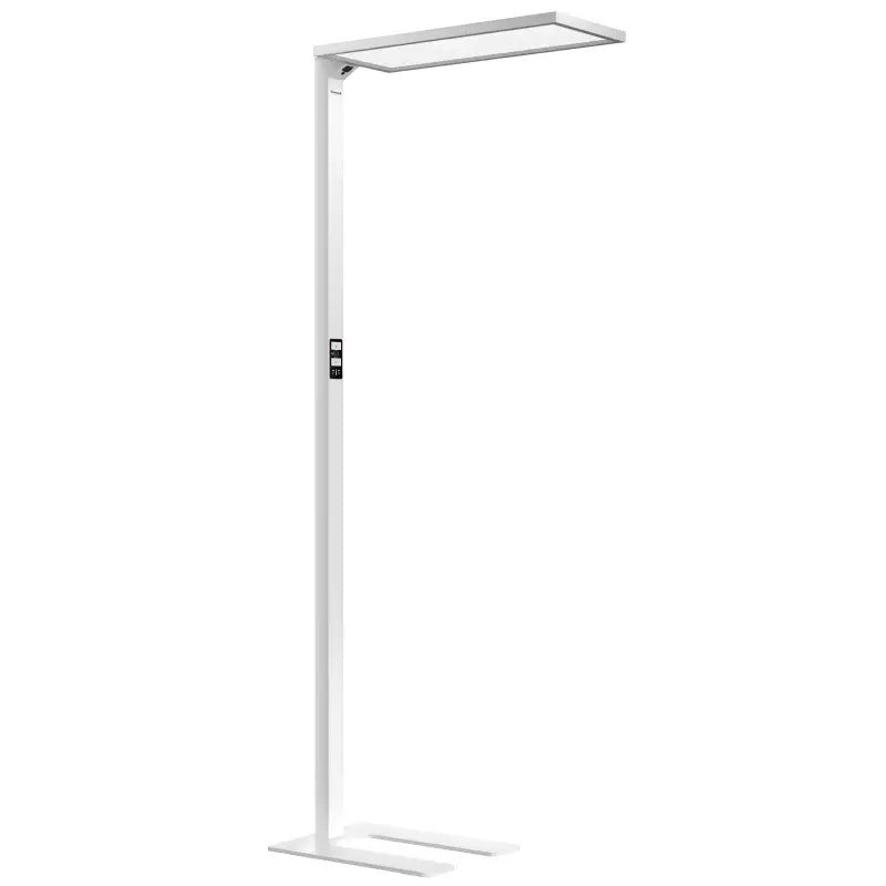 White modern floor lamp with sleek rectangular light head and adjustable height for living room bedroom use