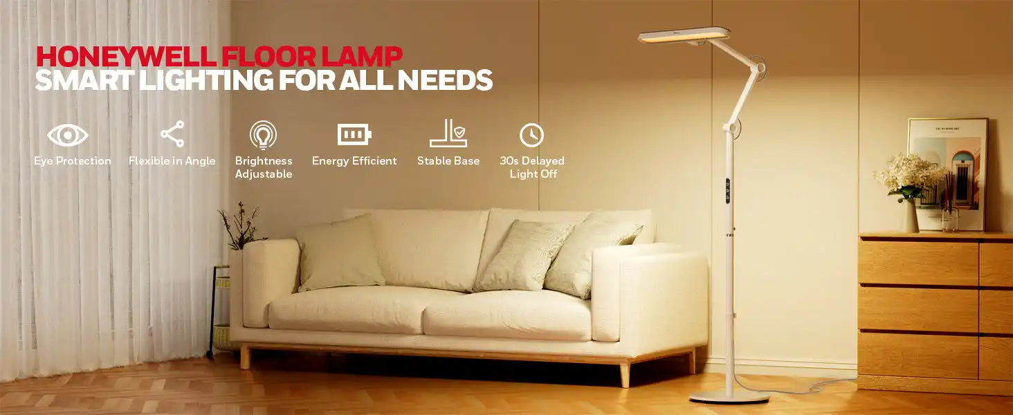 Modern white floor lamp with adjustable arms and smart lighting features.