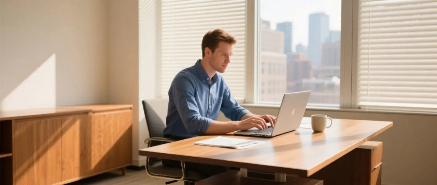 Workspace illuminated by bright morning sun at 10:00 AM