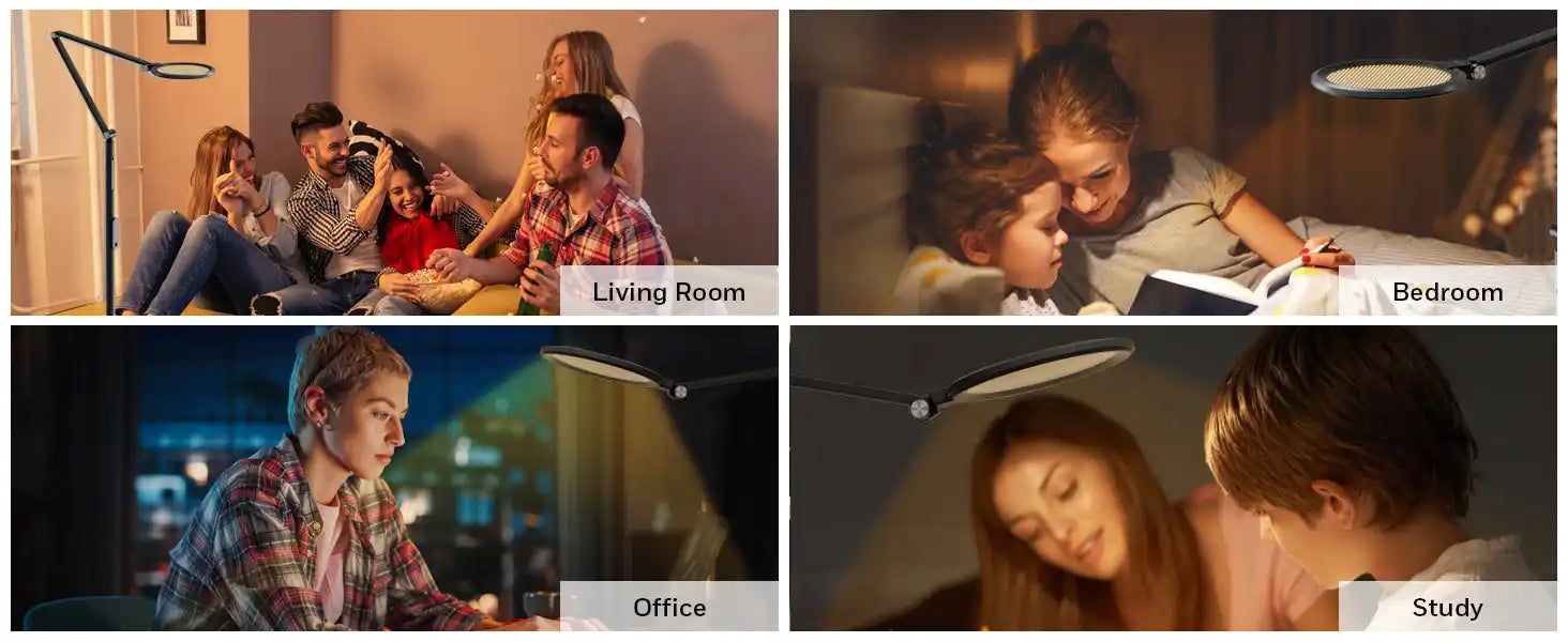 Four-panel collage showing people studying and working in different settings like a living room, bedroom, office and study area.