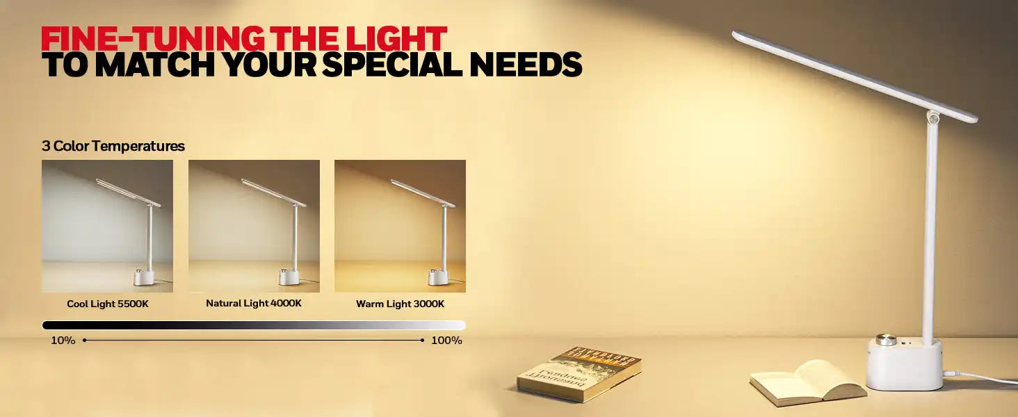 Modern LED desk lamp with adjustable brightness settings.