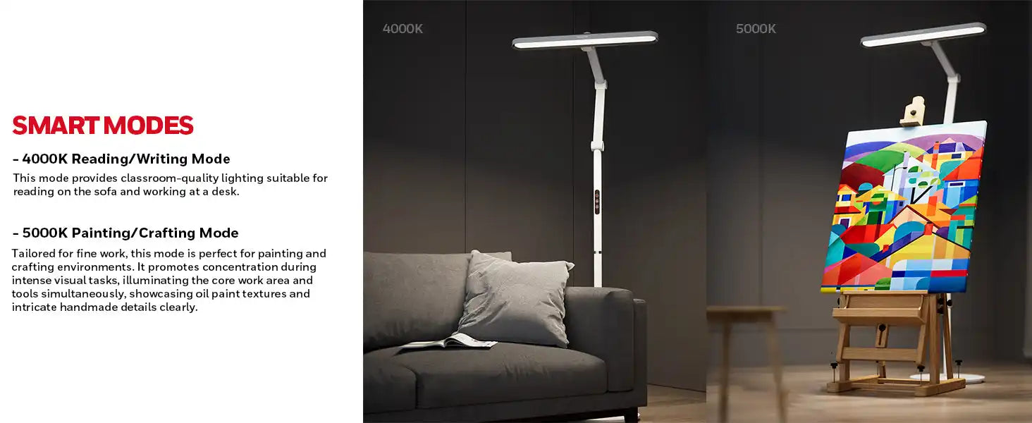 Modern floor lamp with an adjustable arm and LED light panel.