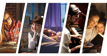 Collage of five diagonal panels showing people engaged in different activities like reading, studying, and playing piano.