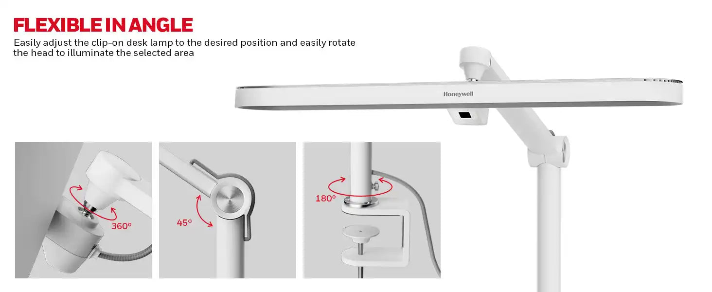 White adjustable desk lamp with flexible joints and angles.