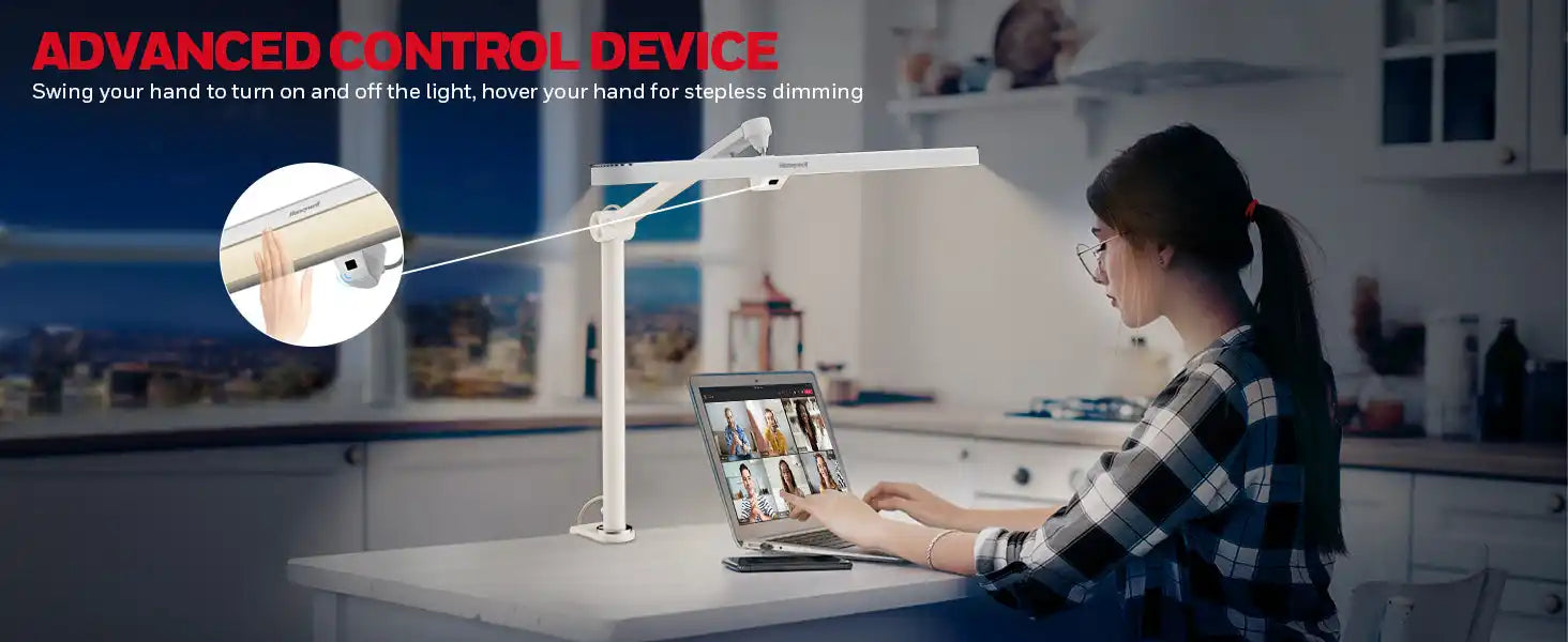 Adjustable desk lamp with a circular head mounted on an articulating arm.