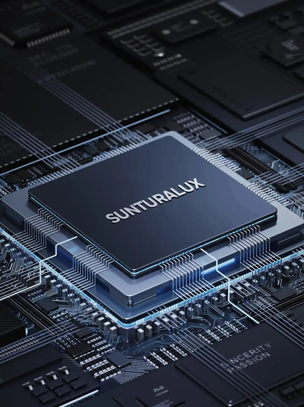 Computer processor chip labeled ’SUNTURULUX’ mounted on a circuit board.