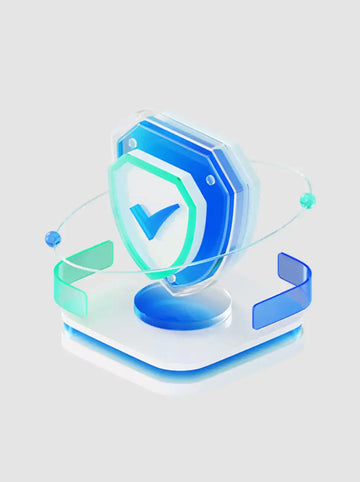 Glowing blue and turquoise shield icon with a checkmark floating above a platform.