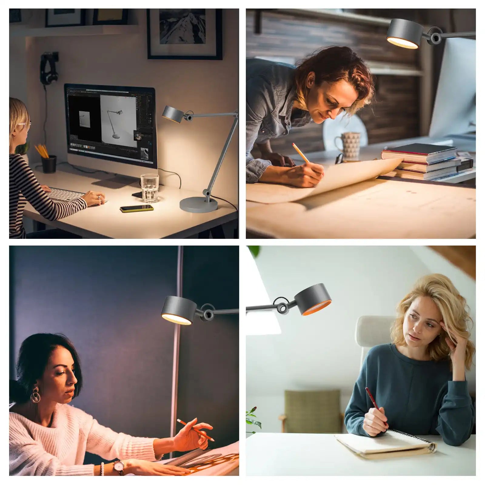 Four people working at desks with desk lamps illuminating their workspaces.