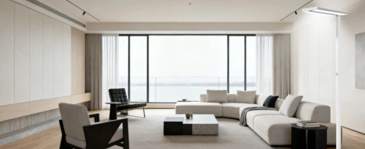 Honeywell 02E minimalist floor lamp illuminating modern living room with natural daylight