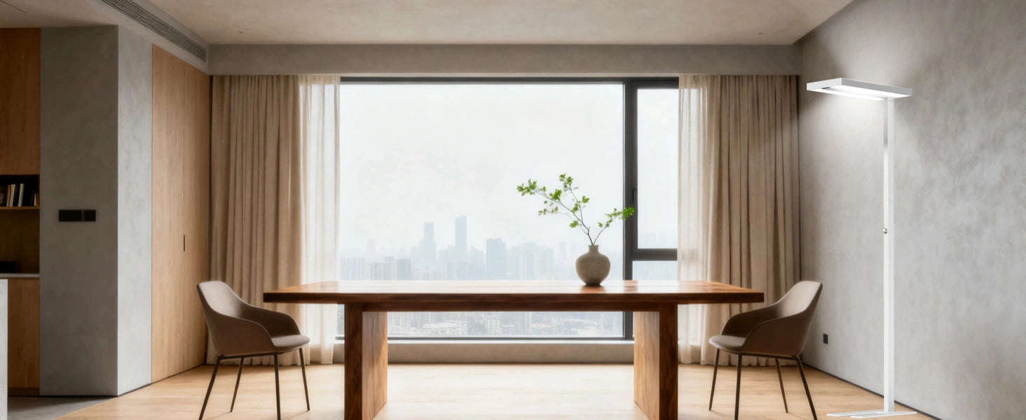 Modern floor lamp Honeywell 02E in Scandinavian style room with light oak furniture