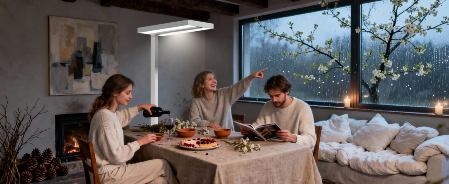 现代家庭落地灯，带上射灯和下射灯，营造分层春季照明氛围